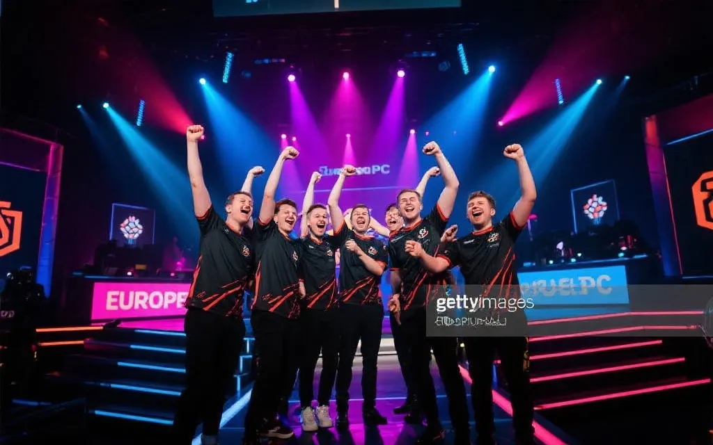 欧洲DPC联赛现场，战队庆祝胜利