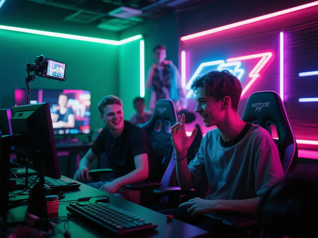 电竞直播现场，活力主播与粉丝互动